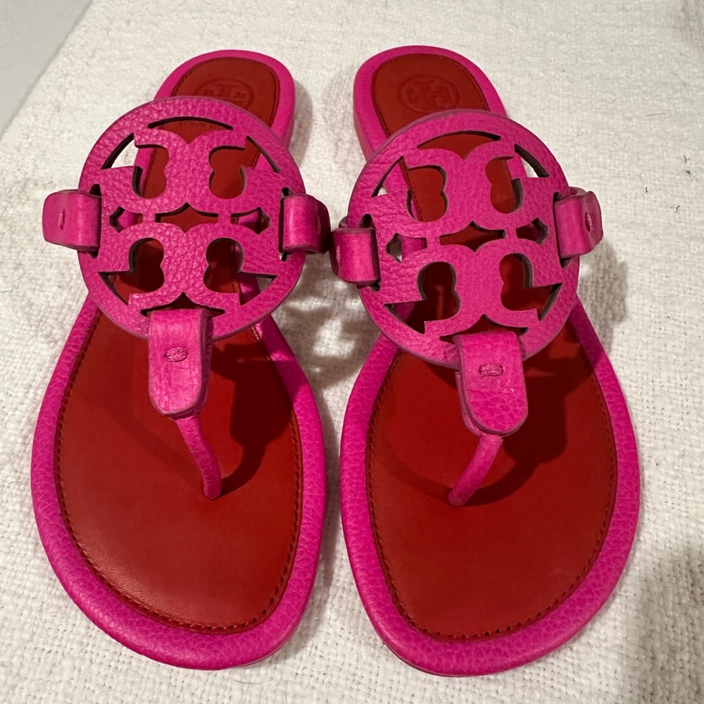 Tory Burch Pink and Red Sandals with Medallion Design
